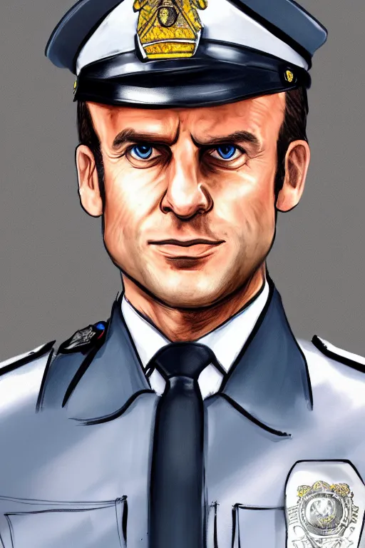 Prompt: emmanuel macron wearing a police officer uniform, highly detailed, digital art, sharp focus, trending on art station