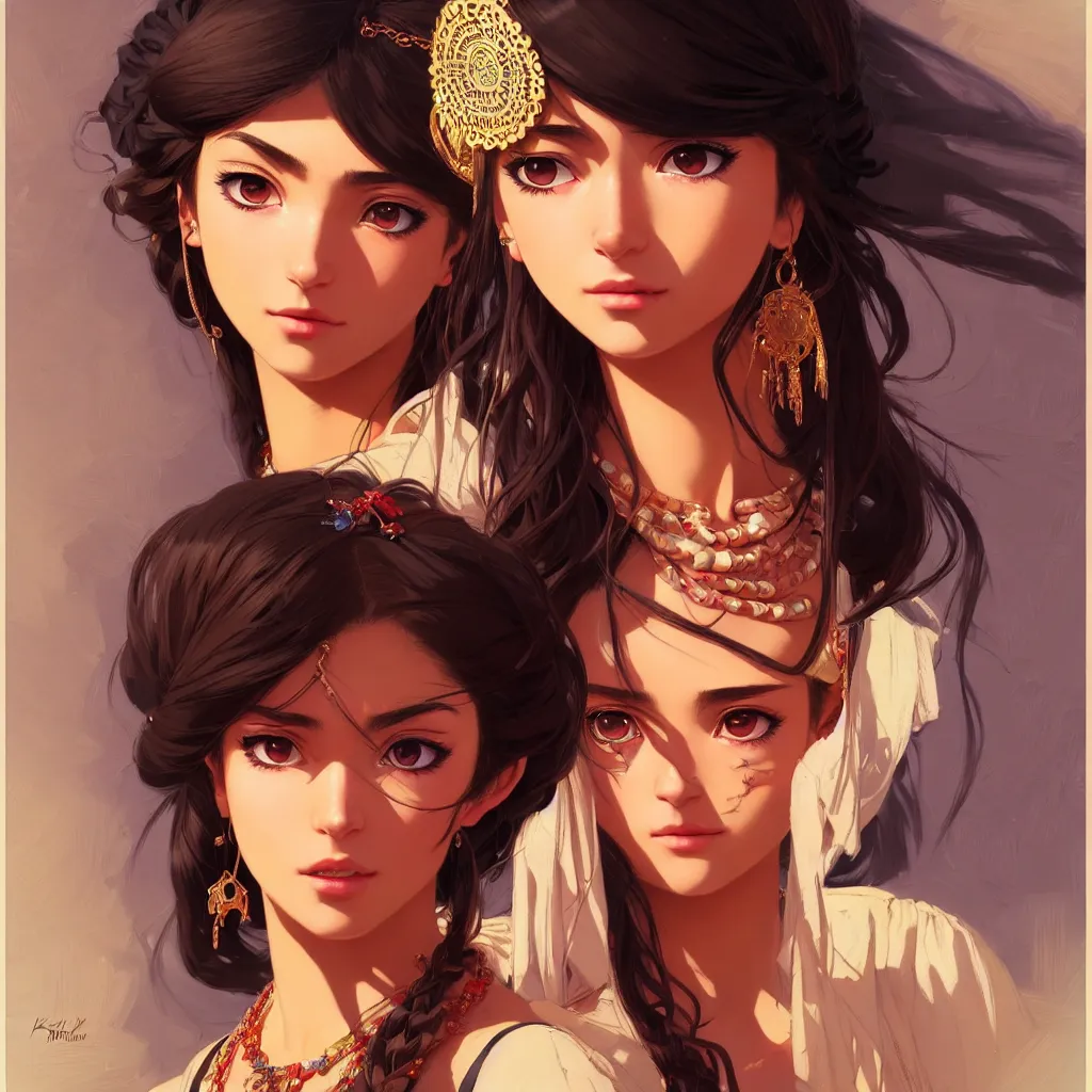 Image similar to a comic portrait of an gypsy girl, fine - face, realistic shaded perfect face, fine details, jewelry, night setting. very anime style. realistic shaded lighting poster by ilya kuvshinov katsuhiro, magali villeneuve, artgerm, jeremy lipkin and michael garmash, rob rey and kentaro miura style, trending on art station