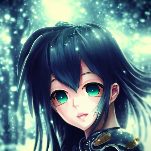 Prompt: focus face portrait of beautiful darkness knight 3D anime girl, posing, golden armor wearing, dark forest background, snowing, bokeh, inspired by Masami Kurumada, digital painting, high contrast, unreal engine render, volumetric lighting, high détail