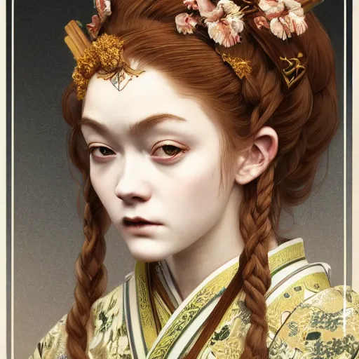 Image similar to a photorealistic dramatic fantasy render of a beautiful woman sadie sink wearing a beautiful intricately detailed japanese monkey kitsune mask and clasical japanese kimono by wlop, artgerm, greg rutkowski, alphonse mucha, epic, beautiful dynamic dramatic dark moody lighting, shadows, cinematic atmosphere, artstation, concept design art, octane render, 8 k