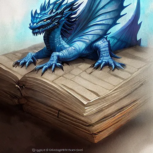 Image similar to blue dragon sitting on a hoard of books, fantasy, dnd, art by greg rutkowski