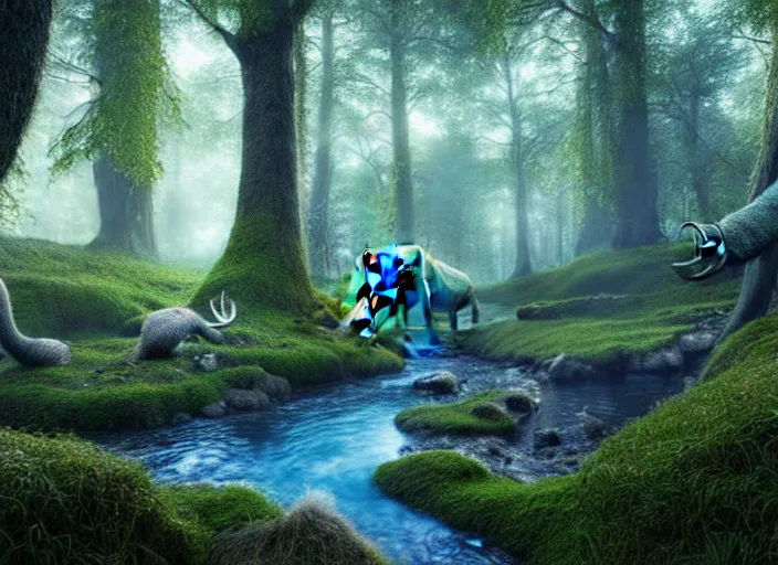 Image similar to hyperrealism, detailed textures, photorealistic 3 d render, a surreal mystical forest with a bright winding blue creek, wooly mammoths grazing, sharp focus, ultra realistic, ultra high pixel detail, cinematic, intricate, cinematic light, concept art, illustration, art station, unreal engine