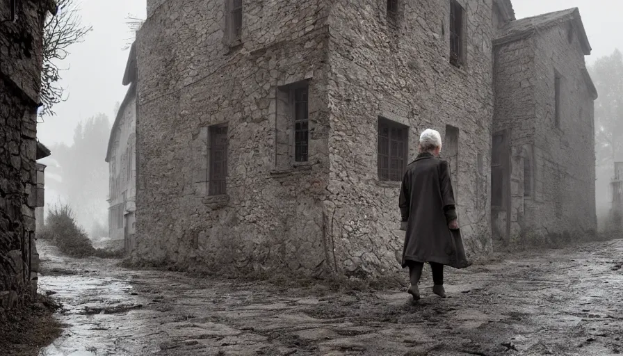 Prompt: Old lady walking in an empty abandoned medieval village at rainy day, muddy road, grey sky, damaged wooden houses, hyperdetailed, artstation, cgsociety, 8k