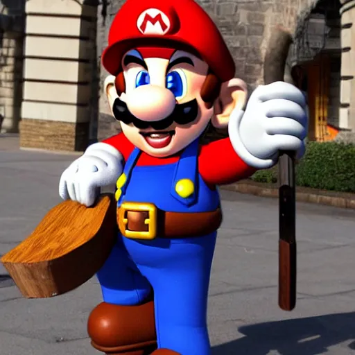 Prompt: Super Mario as an executioner holding an axe, overcast day, town square