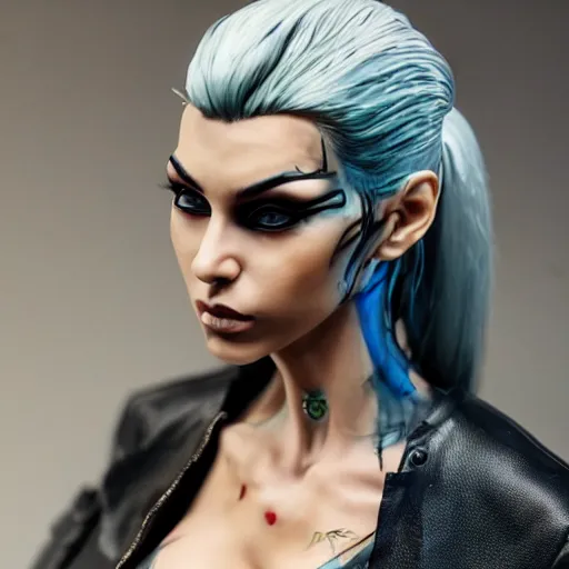 Prompt: ultra realistic painted sculpture of very beautiful cyberpunk woman. realistic waxwork. detailed lifelike. full body. beautiful. very attractive. wow. stunning. punk. comic book inspired. professional cosplay. painted model. action pose