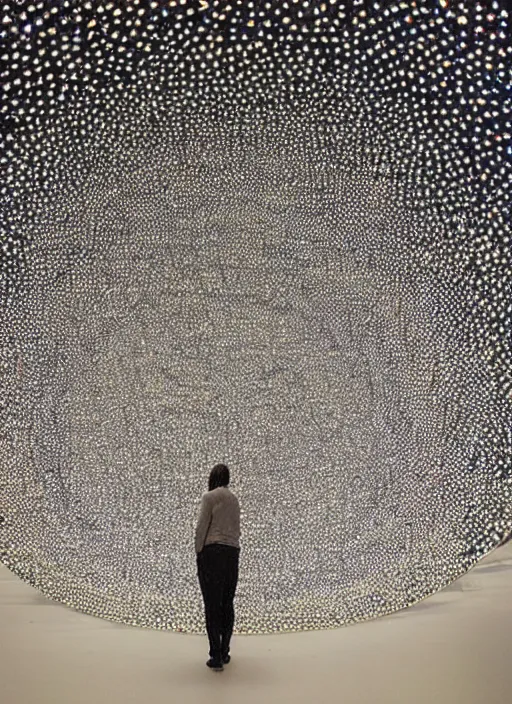 Image similar to a figurative sculpture made of one million tiny reflective spheres