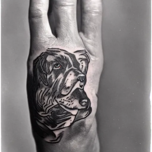 Prompt: a mid 1 9 0 0 s photograph of the back of a hand with a tattoo of a dog on it