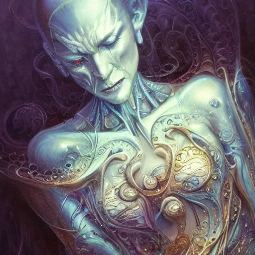 Image similar to low angle shot of a beautiful creature by Clive Barker , intricate, elegant, highly detailed, centered, digital painting, artstation, concept art, smooth, sharp focus, illustration, artgerm, Tomasz Alen Kopera, Peter Mohrbacher donato giancola, Joseph Christian Leyendecker, WLOP, Boris Vallejo.