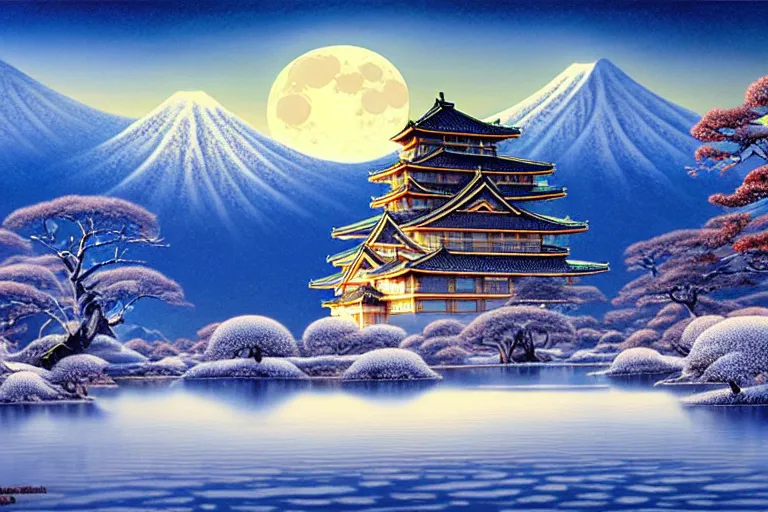 Prompt: landscape with a japanese castle, snowcapped mountains, moonlight, fantasy painting by michael whelan and vicente segrelles and mort kunstler, 4 k, hd, award winning, intricate details