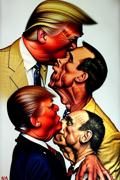 Prompt: norman rockwell painting of gay donald trump kissing a second donald trump