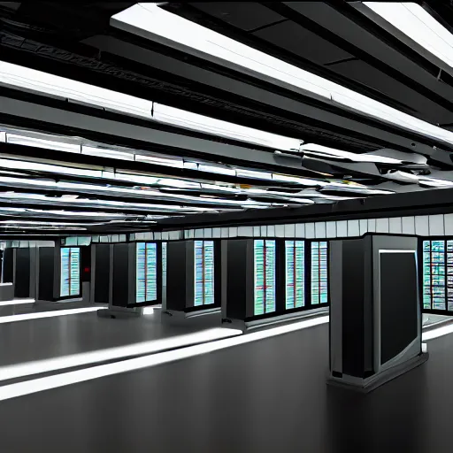 Image similar to dark server room with a lot of computers, blade runner, highly detailed, photorealistic, hd, 8k.