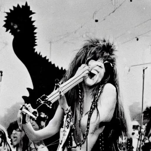 Prompt: Godzilla as Janis Joplin performing on stage at Woodstock, photo