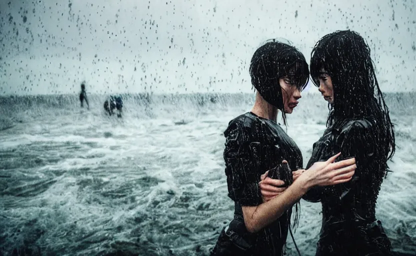 Image similar to cinestill 5 0 d candid photographic portrait by christopher nolan of two loving female androids wearing rugged black mesh techwear in treacherous waters, extreme closeup, modern cyberpunk moody emotional cinematic, pouring rain full moon, 8 k, hd, high resolution, 3 5 mm, f / 3 2, ultra realistic faces, ex machina