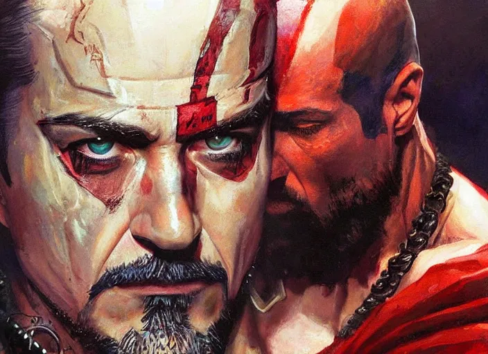 Prompt: a highly detailed beautiful portrait of robert downey jr as kratos, by gregory manchess, james gurney, james jean