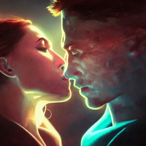 Image similar to ultra realistic medium shot of a couple of cyborgs kissing, lovers, cyberpunk, sci - fi, fantasy, kodak, colour led, soft light, volumetric lighting, night, intricate, highly detailed, digital painting, concept art, smooth, sharp focus, illustration, art by artgerm and greg rutkowski and alphonse mucha