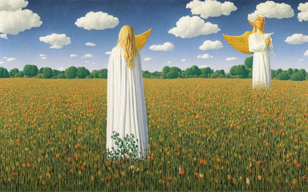 Image similar to angel of death looking at you in distance in beautiful meadow of flowers, detailed painting by rene magritte