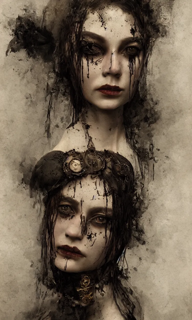 Prompt: Victorian female portrait, moody, dark, dramatic, steampunk, decaying face, necrosis, trending on Artstation, rendered by Octane, by WLOP