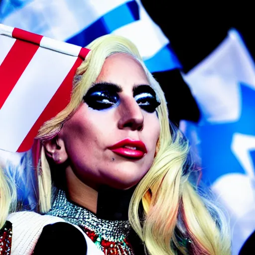 Image similar to lady Gaga, detailed face, waving a flag of Argentina, crowd behind, flags of Argentina behind, detailed, bokeh