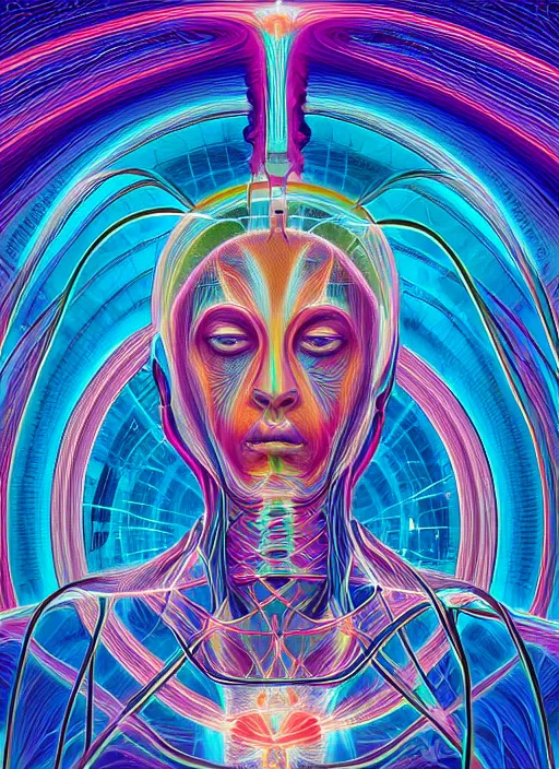 Image similar to ai transcendence into collaborative intelligence, connectedness, body, by alex grey, album cover, award winning, beautiful, colorful, volumetric lighting, trending on artstation