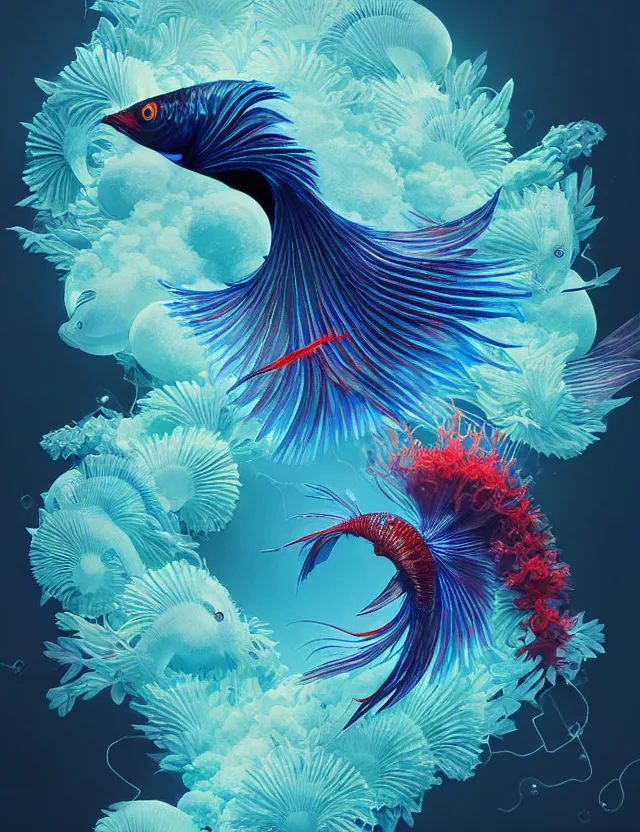 Image similar to 3 d eye of god. beautiful intricately detailed japanese crow kitsune mask and clasical japanese kimono. betta fish, jellyfish phoenix, bio luminescent, plasma, ice, water, wind, creature, artwork by tooth wu and wlop and beeple and greg rutkowski