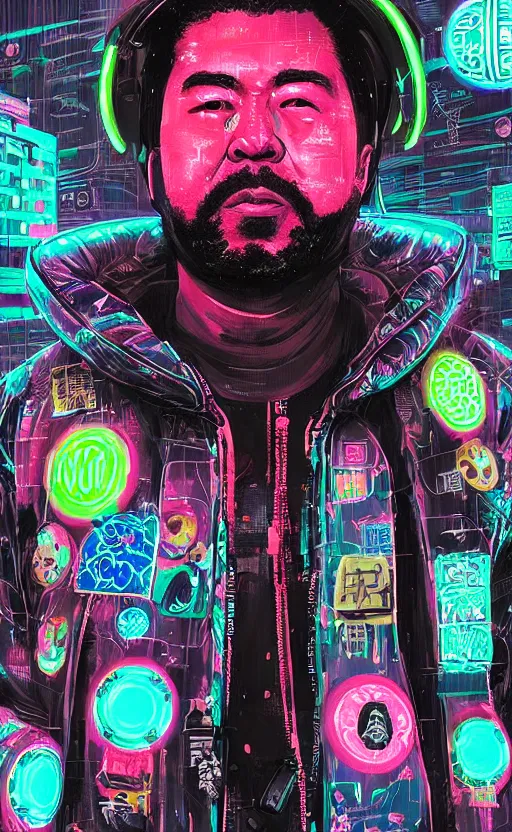 Image similar to detailed portrait Questlove Neon Operator, cyberpunk futuristic neon, reflective puffy coat, decorated with traditional Japanese ornaments by Ismail inceoglu dragan bibin hans thoma !dream detailed portrait Neon Operator Girl, cyberpunk futuristic neon, reflective puffy coat, decorated with traditional Japanese ornaments by Ismail inceoglu dragan bibin hans thoma greg rutkowski Alexandros Pyromallis Nekro Rene Maritte Illustrated, Perfect face, fine details, realistic shaded, fine-face, pretty face