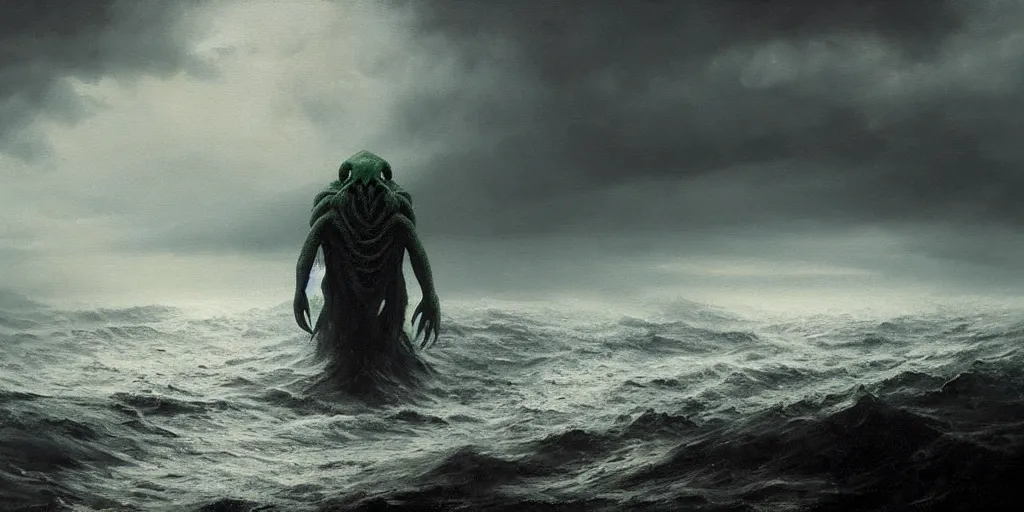 Image similar to cthulhu rising out of the ocean, hyper realistic oil painting, dark, moody cinematic lighting, creepy, fog, storm clouds, by greg rutkowski, trending on artstation