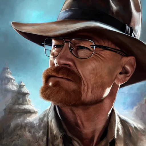 Image similar to walter white as indiana jones, digital painting, extremely detailed, 4 k, intricate, brush strokes, mark arian, artgerm, bastien lecouffe - deharme