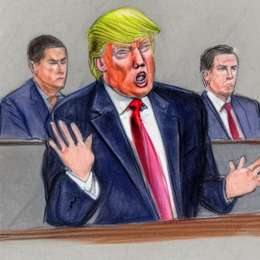 Image similar to donald trump on trial, courtroom sketch