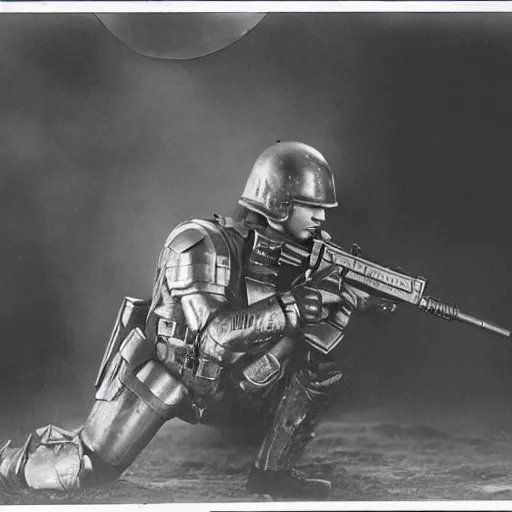 Image similar to old black and white photo, 1 9 1 3, depicting bruce willis in combat armor with guns, historical record, volumetric lights