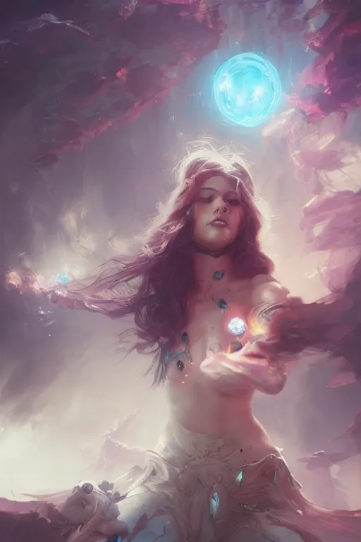 Image similar to beautiful girl necromancer casting spell, 3 d render, hyper realistic detailed portrait, holding magic crystals, ruan jia, wlop. scifi, fantasy, hyper detailed, octane render, concept art, peter mohrbacher