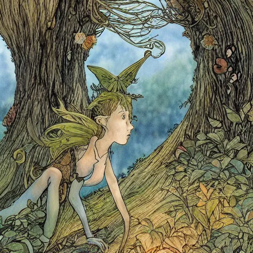 Prompt: a forest pixie by chris riddell and alan lee