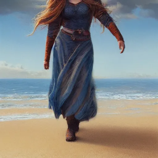 Prompt: A beautiful woman walking on the beach towards the viewer, high detail, 8K illustration, dynamic lighting, digital art, colorful, beautiful facial features, long hair, blue eyes sunny, art by Leesha Hannigan and Greg Rutkowski,