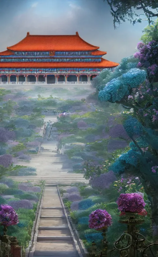 Image similar to vanishing point, palace covered with aqua blue roses like the forbidden city in distance at the red rose royal manor, viewed from afar, stephen bliss, misty, unreal engine, fantasy art by greg rutkowski, loish, ferdinand knab, and lois van rossdraws,, global illumination, radiant light, minimalist, detailed and intricate environment