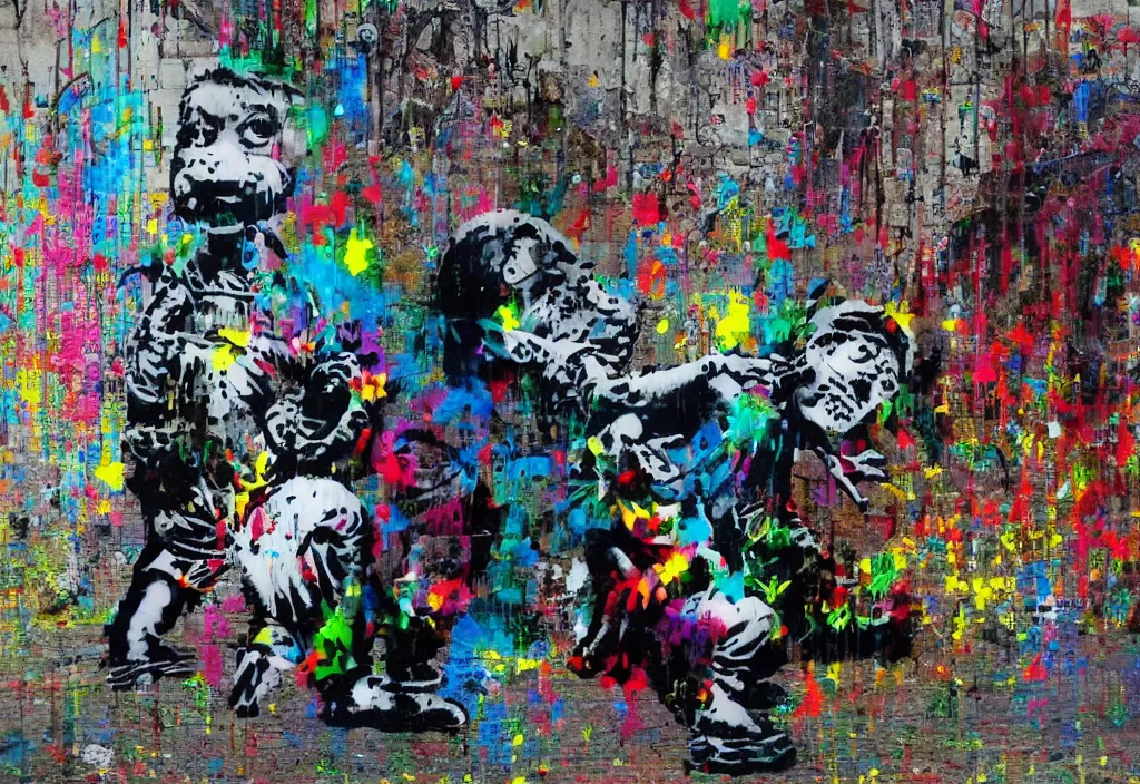 Image similar to full color banksy graffiti anti art, rage against the status quo, detailed, realistic, glitch art effect