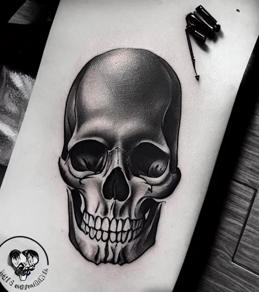 Image similar to a tattoo design of a creative skull, in the style of den yakovlev, hyper realistic, black and white, realism, highly detailed