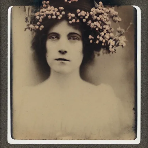 Image similar to portrait of a beautiful woman corpse covered in flowers, 1910 polaroid photography,