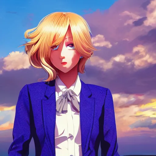 Image similar to blonde - haired princess, anime princess, wearing blue suit, golden hour, partly cloudy sky, sepia sun, strong lighting, strong shadows, vivid hues, ultra - realistic, sharp details, subsurface scattering, intricate details, hd anime, 2 0 1 9 anime
