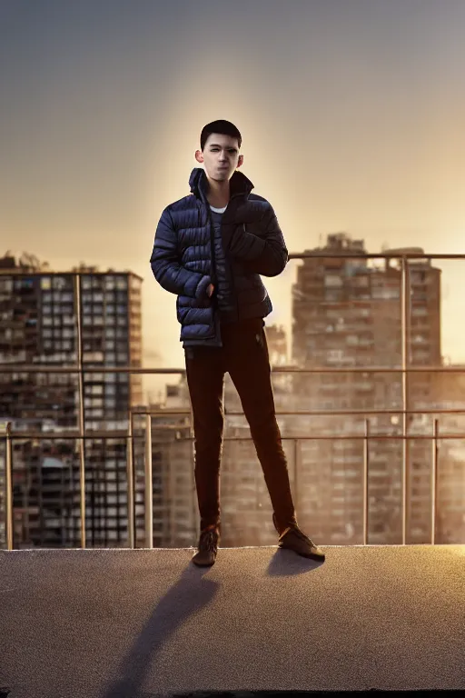 Image similar to un ultra high definition studio quality photographic art portrait of a young man standing on the rooftop of an apartment building wearing all eclectic soft padded clothing. three point light. extremely detailed. golden hour, golden ratio, ray tracing, volumetric light, shallow depth of field. set dressed.