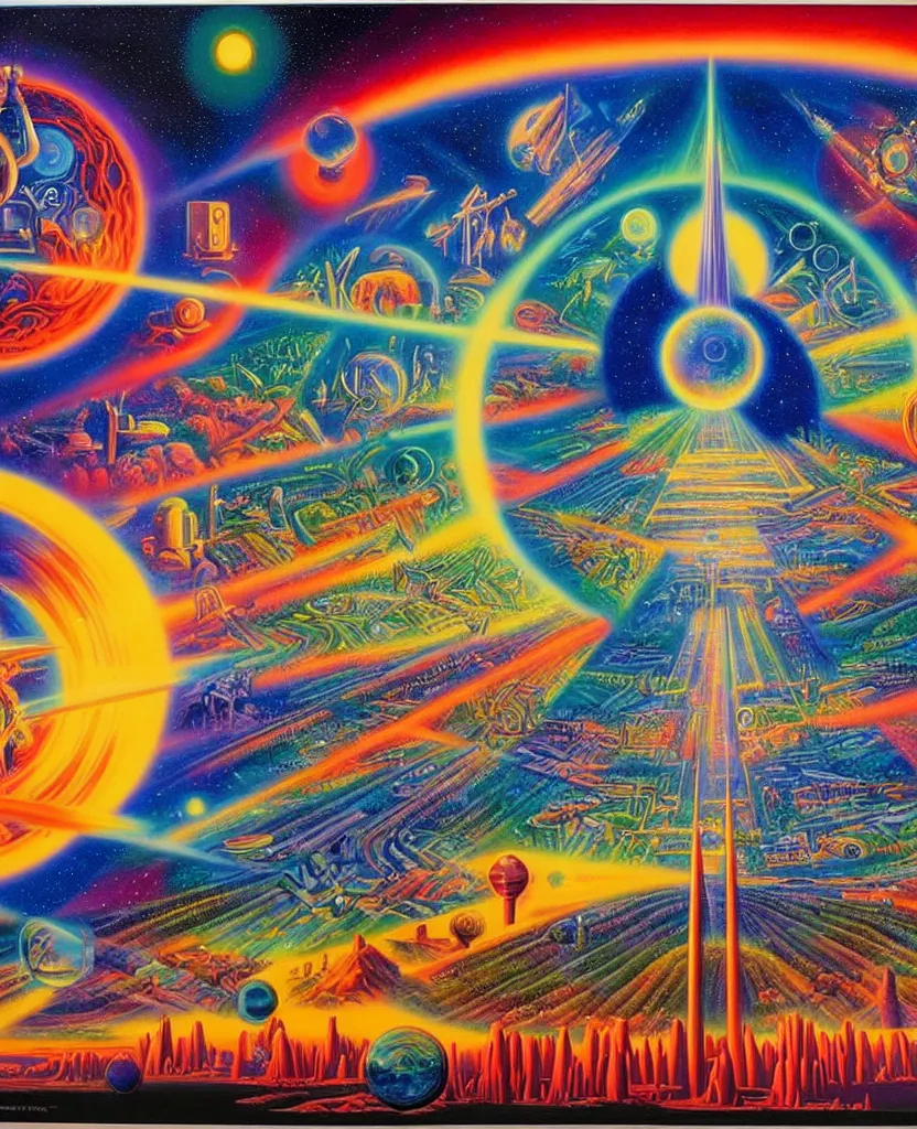 Prompt: a beautiful colorful future for humanity, spiritual science, divinity, utopian, heaven on earth by david a. hardy, wpa, public works mural, socialist