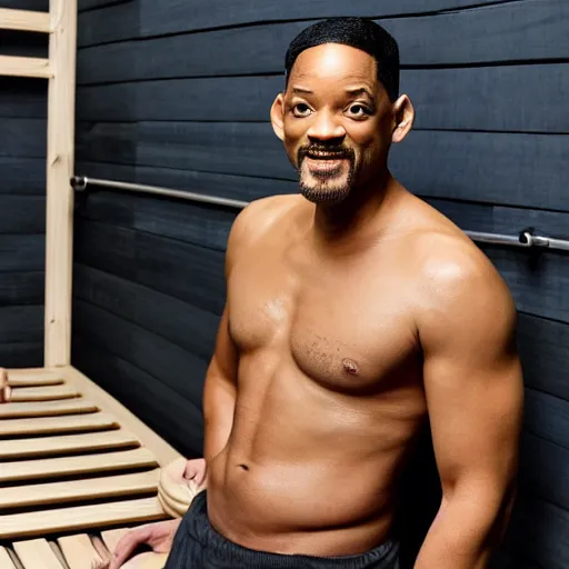 Prompt: Will Smith in a sauna with hairy chest