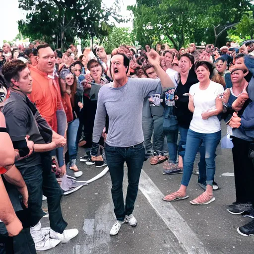 Prompt: will arnett crying with big smile on face standing in the middle of a parking lot, with many people running away