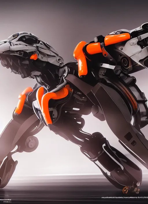 Image similar to a Photorealistic dramatic hyperrealistic full frame render of a Sleek futuristic exosuit Freedom Formula Racing Mech,Ultra realistic details,glossy white metal,Orange racing stripes,weathered surfaces,by Hidetaka Tenjin,Yoh Yoshinori,Yoji Shinkawa,Masamune Shirow,Beautiful dramatic dark moody tones and lighting,cinematic atmosphere,studio lighting,shadows,dark background, Octane render,8K