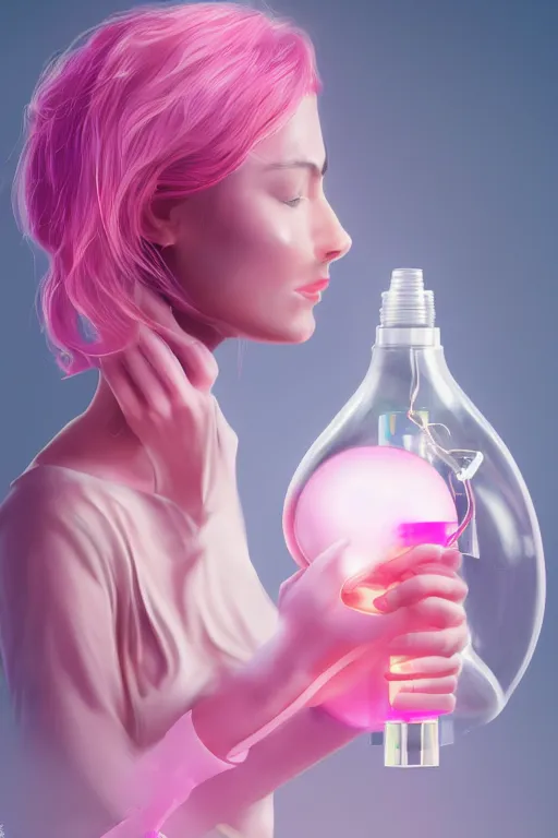 Prompt: Beautiful Woman Using a Pink Vapor Inhalation Machine Connected to a Spherical Bottle of Pink Liquid by a Tube, Pink Vapor Leaking from an Oxygen Mask, fantasy, magic, ultra detailed, digital art, trending on artstation, illustration, medical laboratory