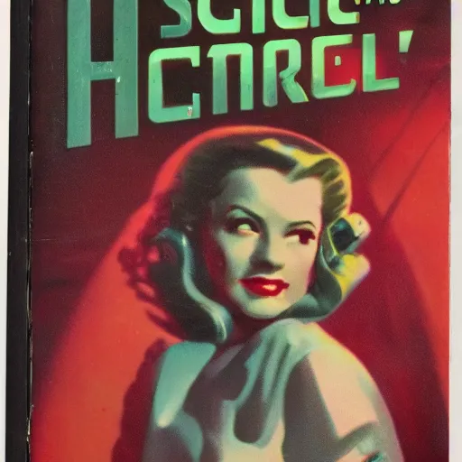 Image similar to vintage sci-fi book cover, high detail, portrait of a beautiful woman, film grain