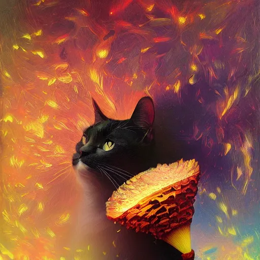 Image similar to inferno realistic intricate paris cone longhair cat wok singularity mushroom, by robert henri and beeple and maria sibylla merian, black velvet painting, photoillustration, impressionism