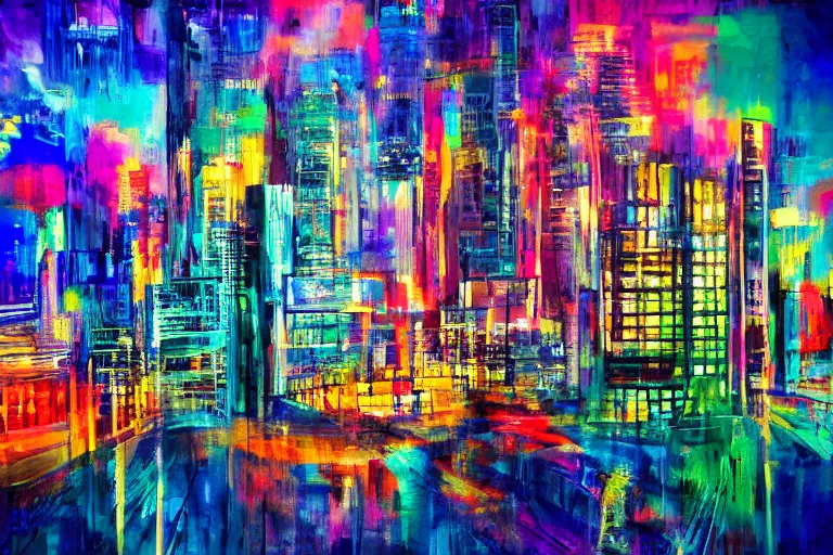 Prompt: surreal colorful nightmarish cityscape