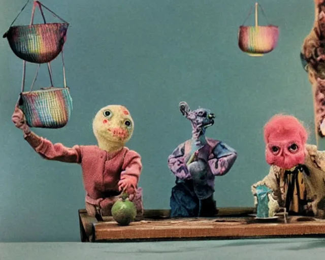 Prompt: still from a full - color 1 9 8 5 cute live - action stop - motion puppetry film by the brothers quay, involving cotton and gemstones, inside elaborate dioramas.