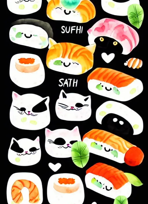 Prompt: cute cats and sushi watercolour illustrations sheet