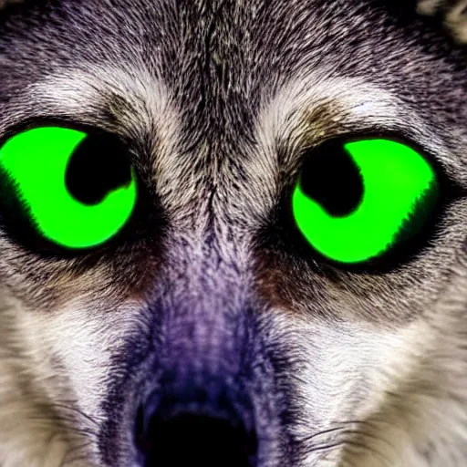Image similar to winged wolf with glowing green eyes, award winning photograph