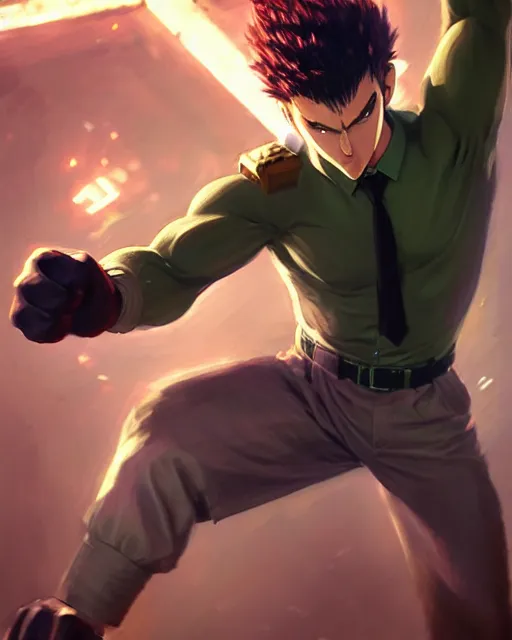 prompthunt: gigachad luigi bodybuilder fighting like saitama wearing a suit  in the mountain, fantasy character portrait, ultra realistic, anime key  visual, full body concept art like ernest khalimov, intricate details,  highly detailed